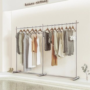 ✅ Clothing Store Display Rack Floor-Standing Stainless Steel Silver Simple Display Rack Women's Clothing Island Shelf Children's Clothing Hanging Clothes