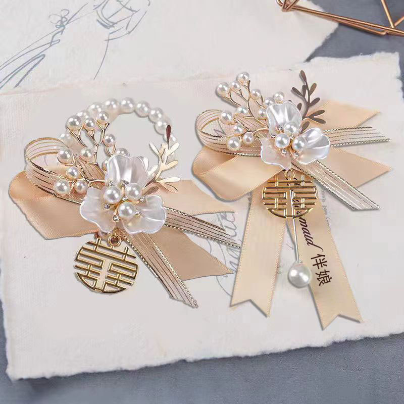 Champagne Color Bridesmaid Wrist Flower Sister Group Hand Flower High-end Korean Style Mori Wedding Wedding Bracelet Pearl Bracelet