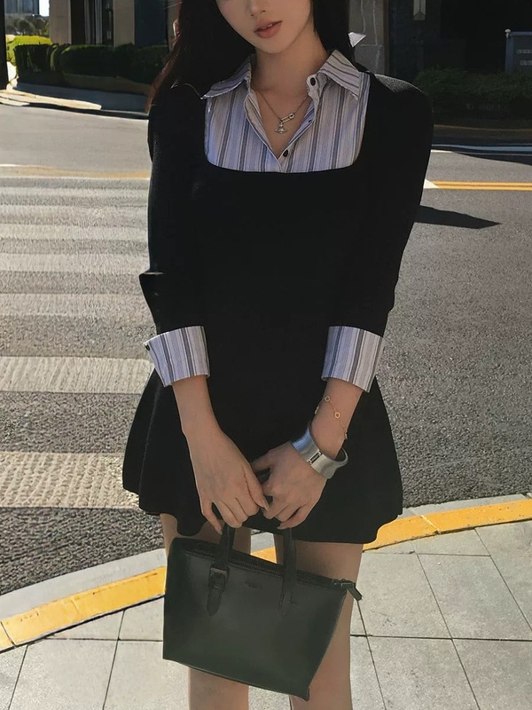 【下周六】女秋季假两件拼接POLO领衬衫长袖连衣裙收腰针织包臀裙|undefined