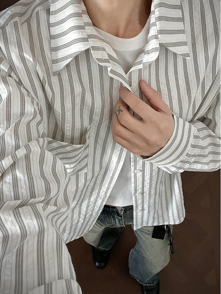Camicia uomo a righe maniche lunghe stile americano drappeggio_voghion.com