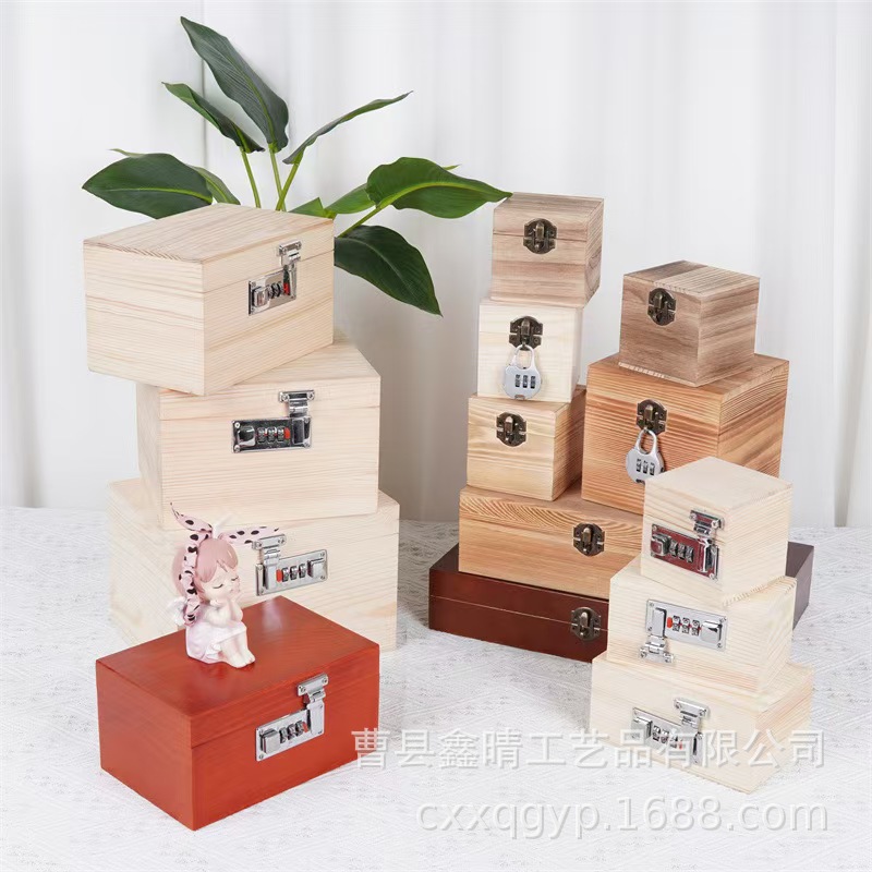 Caja ciega rectangular de madera maciza con bloqueo de contraseña Caja de almacenamiento con tapa abatible de madera creativa Caja de almacenamiento de artículos diversos de madera de escritorio