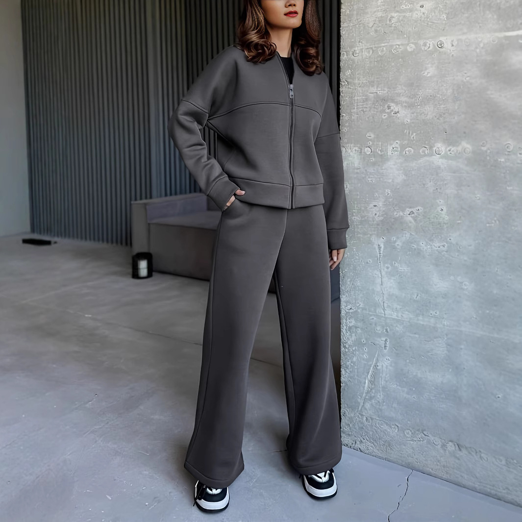 Zweiteiliges Damen-Sportswear-Set im europäischen und amerikanischen Stil, einfarbig, bestehend aus Jacke und Hose mit geradem Bein, für den Sommer_voghion.com