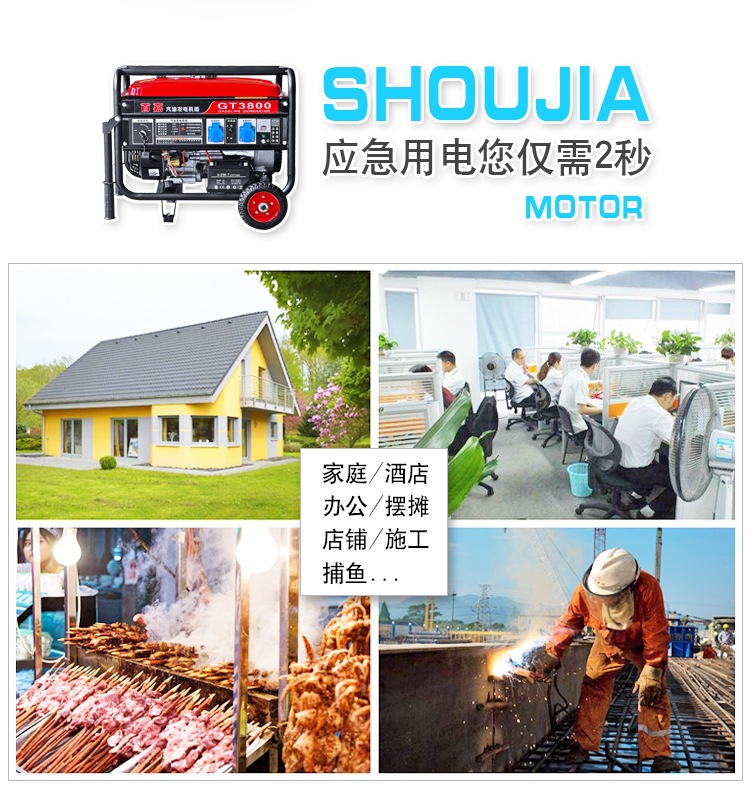 Shoujia Gasoline Generator Household 220V Single Phase 3Kw/5Kw/6Kw/8Kw/10Kw 12Kw Three Phase 380V