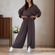 2025欧美跨境秋季新款女装休闲纯色翻领衬衫大码松紧腰裤套装6377