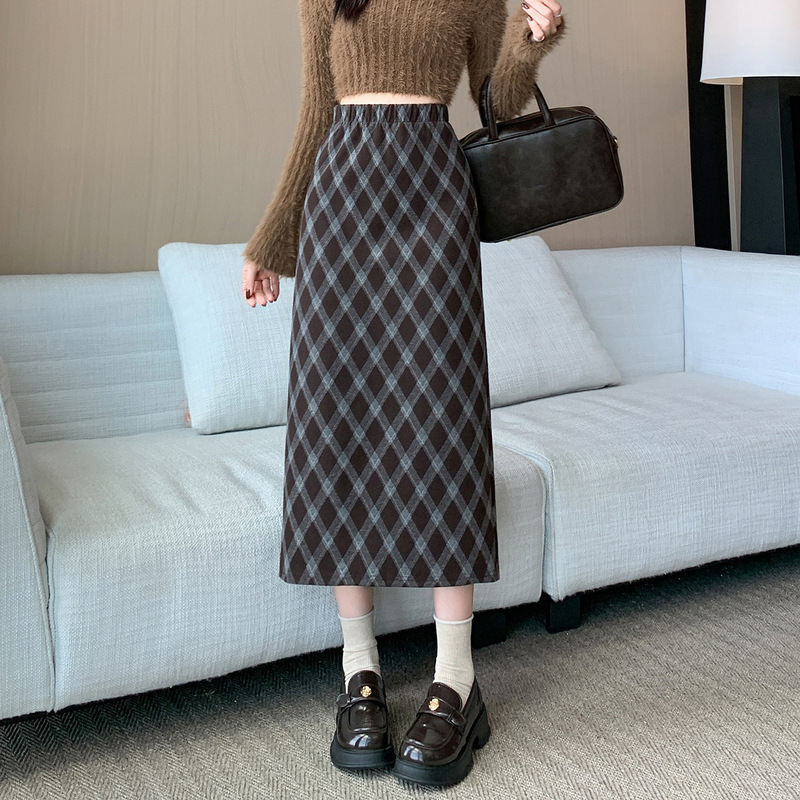 毛呢格子半身裙女秋冬季2025新款高腰显瘦休闲a字中长款包臀裙子|undefined