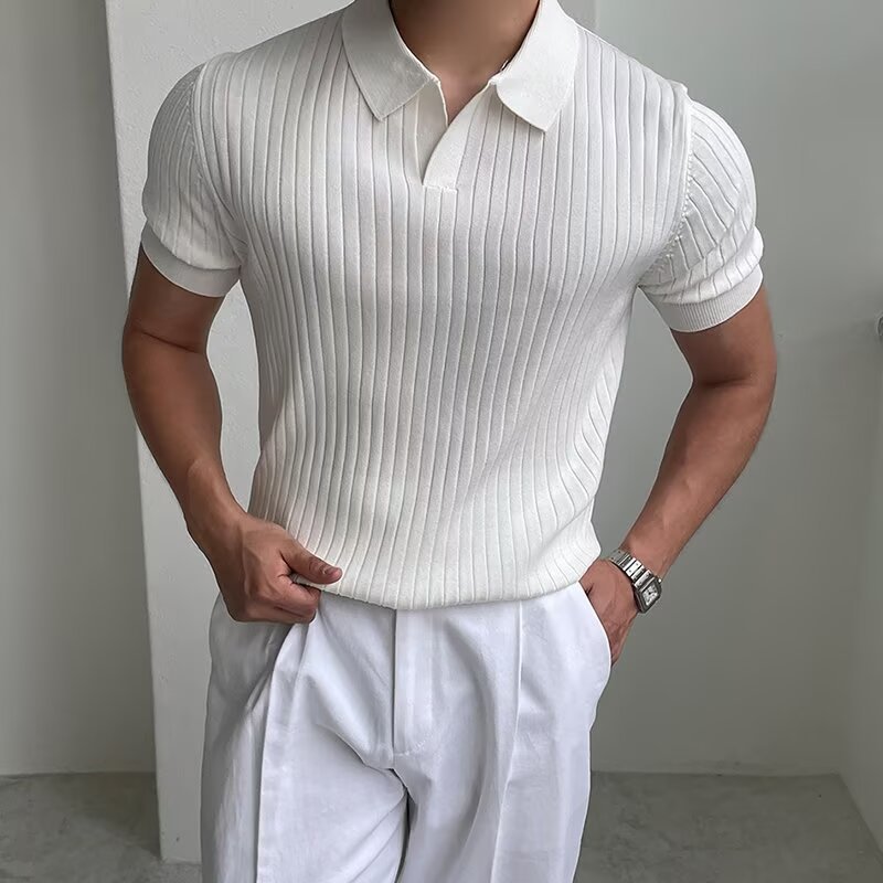 Summer Striped Ice Silk Short-Sleeve Polo Shirt for Men, Korean Style Slim Fit, Solid Color Thin Knit Shirt, Dongdaemun Trendy