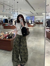 时尚套装白色薄款短袖T恤女夏季2025新款显瘦迷彩阔腿长裤两件套