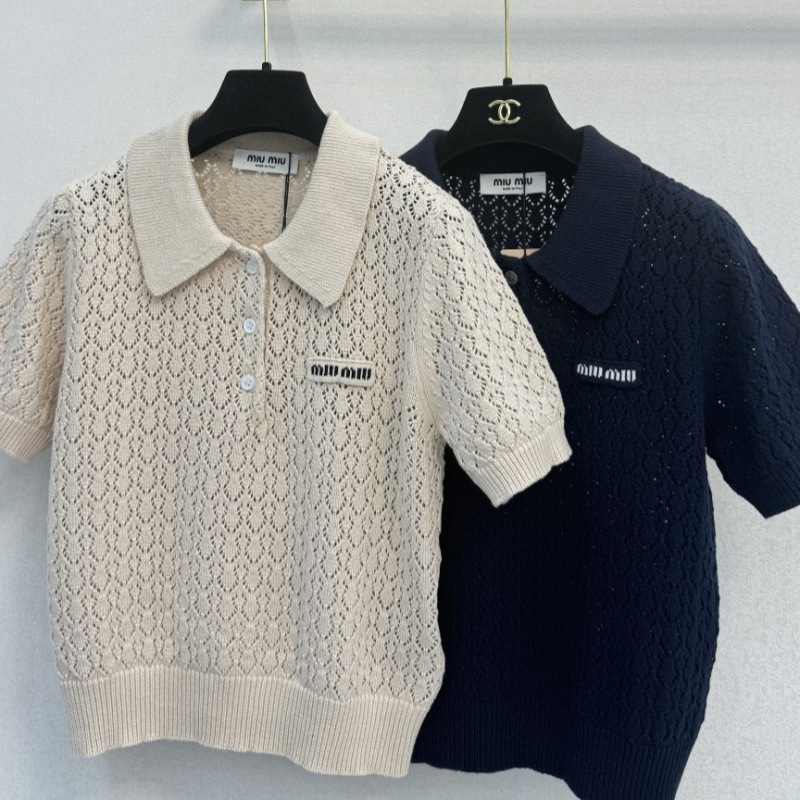 Miu's New Summer Style Hollow-Out Front Letter Logo Embroidered Lapel Polo Shirt Knitted Short-Sleeved Top for Women Miu's New Summer Style Hollow-Out Front Letter Logo Embroidered Lapel Polo Shirt Knitted Short-Sleeved Top for Women