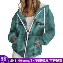 欧美跨境女士拉链连帽卫衣牛仔风印花开衫帽衫秋季复古美式外套