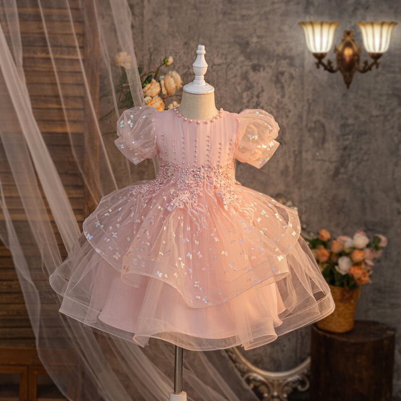 Children's Puff Sleeve Princess Dress Export Flower Girl Printed Short Dress Wedding Dress Girls High-End Tutu Skirt