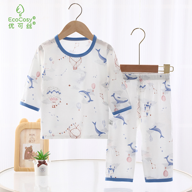 Children's Pajamas Summer Category a 50 Count Eco Silk Ice Dora 7-Quarter Sleeve Boys and Girls Home Air-Conditioning Clothing Anyang Kidsren's Clothing