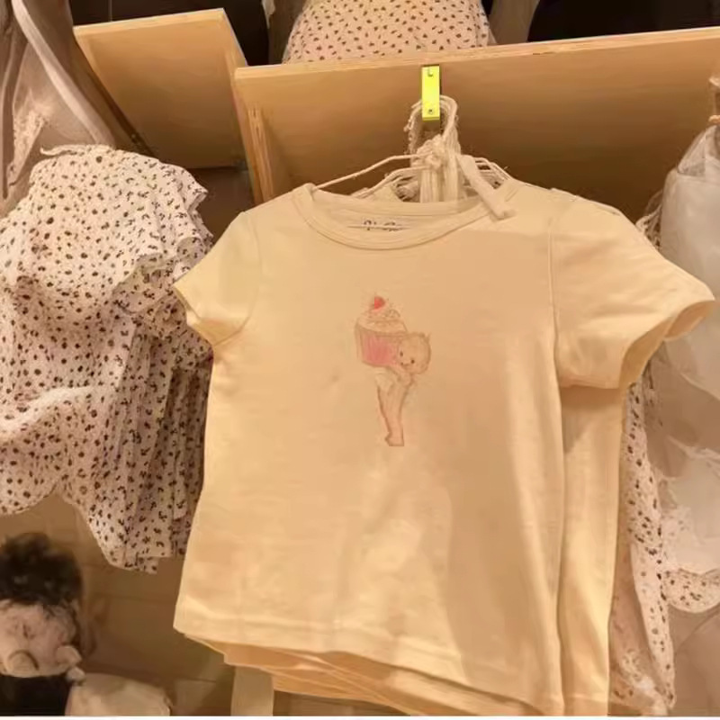 bm STyle New American ReTro CoTTon Beige Cake Angel PrinT bm ShorT Sexy ShorT-sleeved T-shirT ins Trend