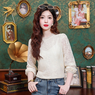 Beige Auriculariform Edge Vertical Collar Embroidered Lace Shirt Women's 2025 Spring Base Shirt Inner Stacked Top