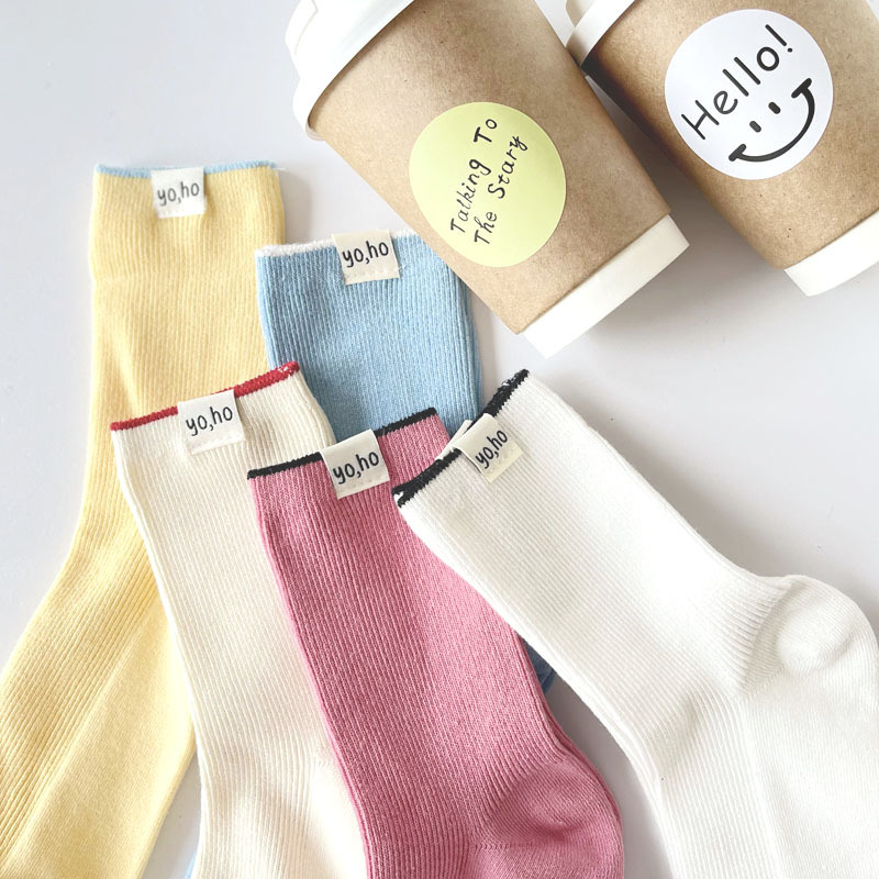 Dopamine tide cream colored children's spring and summer breathable middle tube pile fabric label women's socks, double_voghion.com