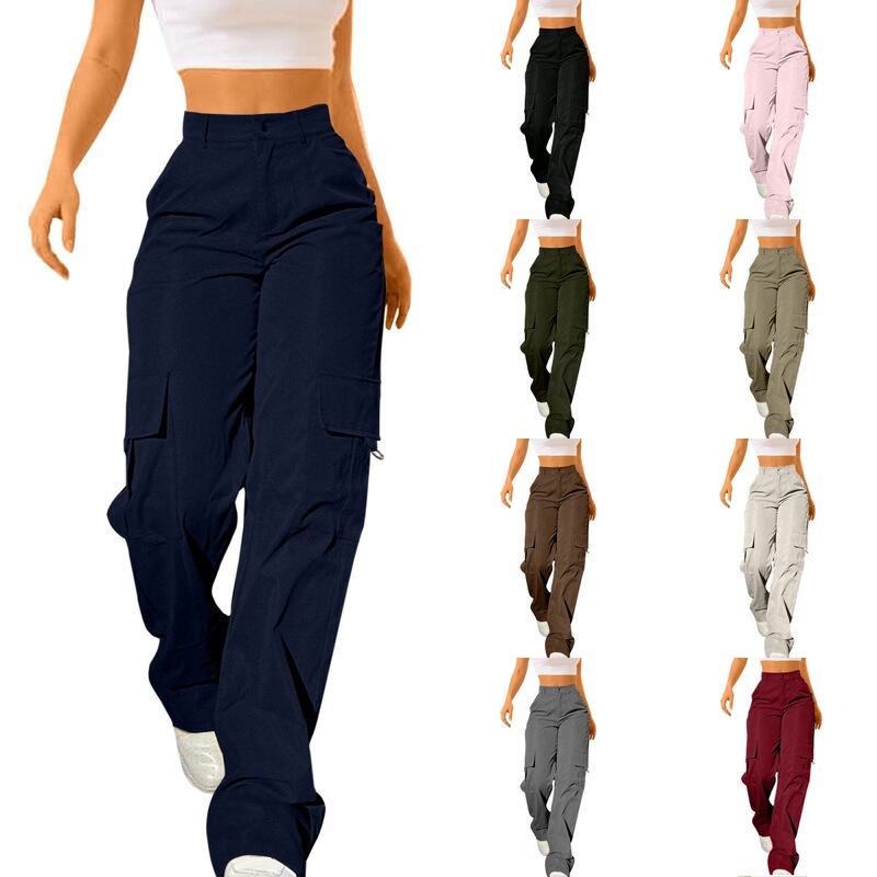 Amazon 2025 Summer European and American Women's Daily Solid Color Pocket Cargo Pants Long Casual Pants for Women