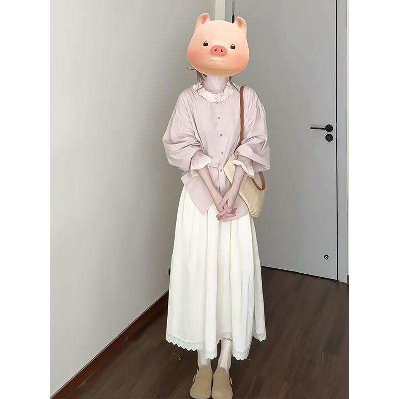 温柔风木耳边喇叭袖宽松衬衫上衣女早春高腰蕾丝边半身长裙两件套|undefined