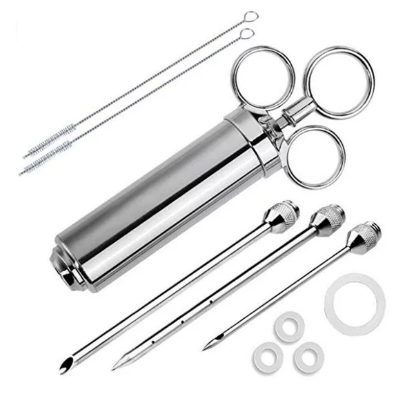 Cross-border three-needle stainless steel seasoning turkey syringe turkey needle 2OZ with cleaning brush barbecue tools