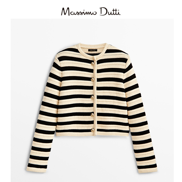 Massimo Dutti Women's 2026 Autumn New Sweater with Buttons, Black and White Striped Knitted Cardigan Short Jacket