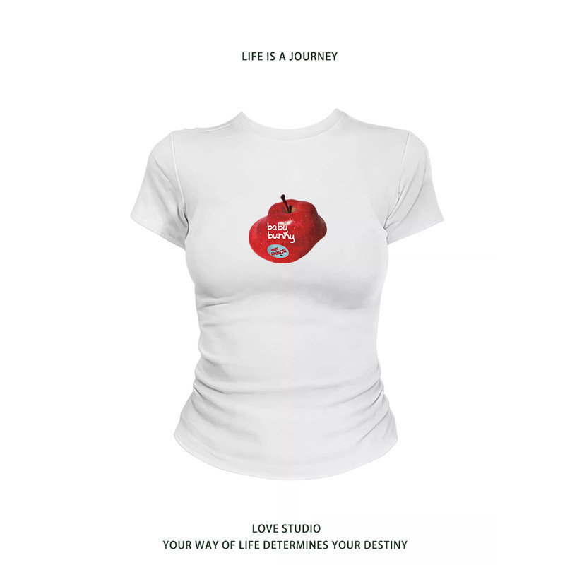 American-style fun deformed apple chic short-sleeve regular shoulder T-shirt for women, 2026 summer tight-fitting sweet and spicy niche top