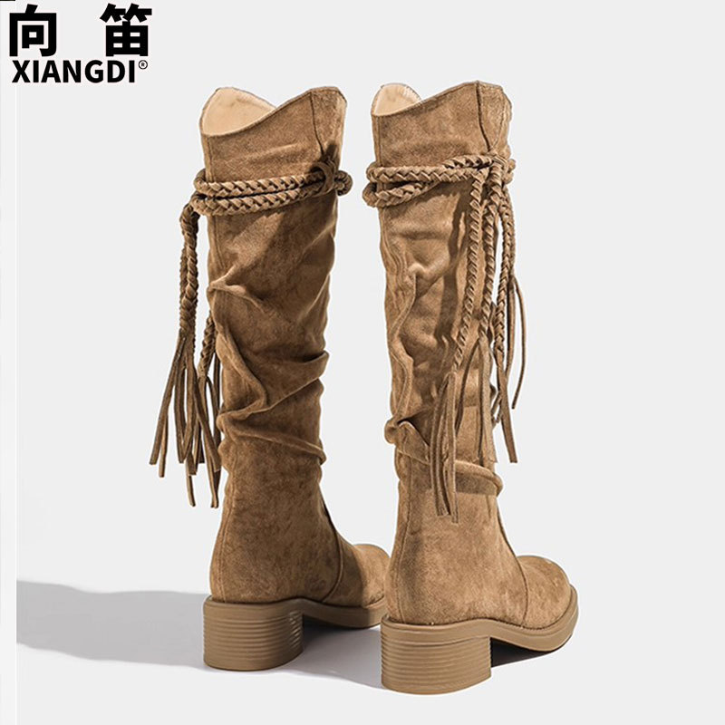 羊皮版不过膝辣妹长筒靴女显瘦粗跟西部骑士靴废土风堆堆靴高筒靴|undefined