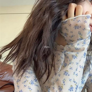 修身长袖t恤女薄秋季防晒蕾丝内搭紧身针织网纱打底小衫短款上衣