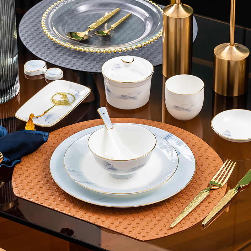 煙雨江南 高檔簡約會所酒店景德鎮骨瓷餐具套裝招待擺台中式碗盤