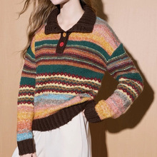 【奶油针织衫】2025秋冬季新款彩虹条纹polo领翻领羊毛衣女M均码
