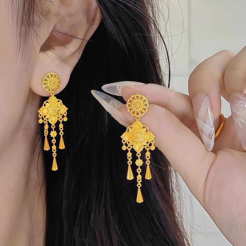 黄金色宝相花耳环女款复古精致百搭轻奢镂空流苏耳饰小众时尚配饰|undefined