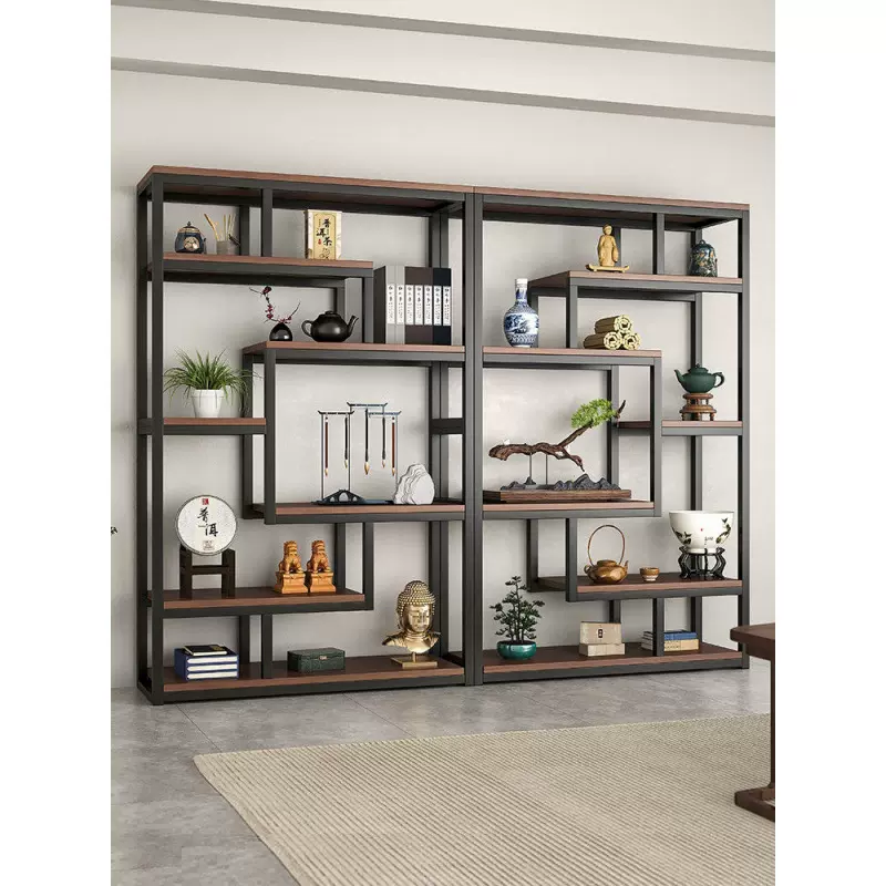 新中式博古架茶室置物架茶叶展示柜非实木整墙客厅现代简约摆件架