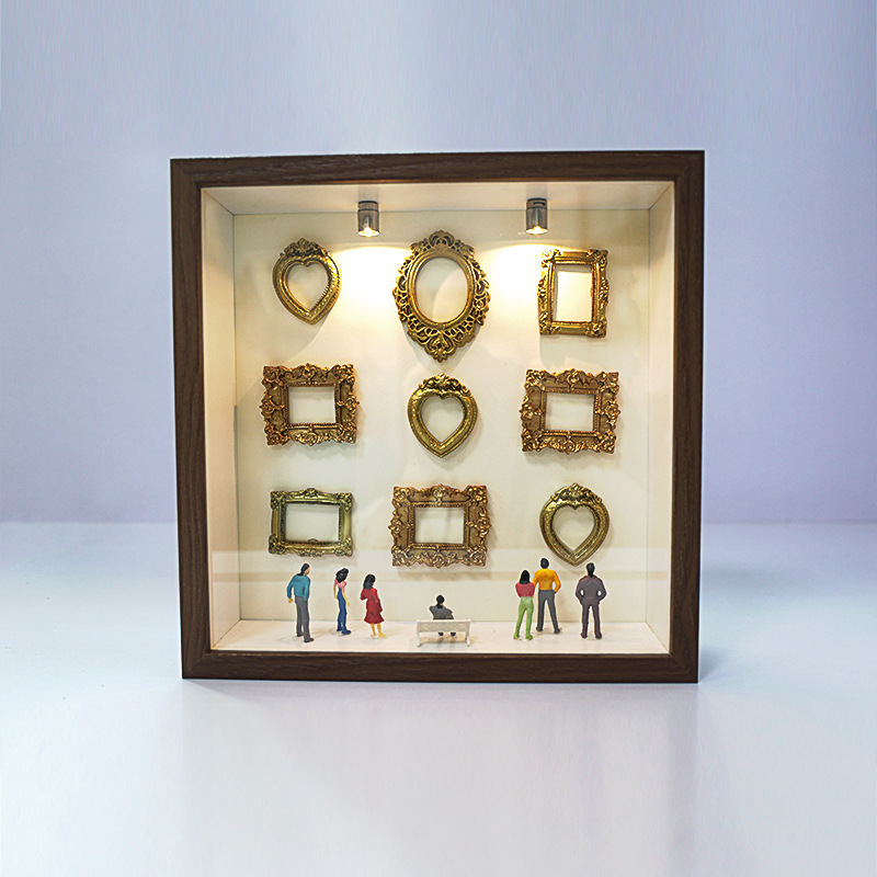 European-Style Retro Golden Resin Photo Frame Set with Miniature Figures and Lighted Display Frame, Semi-Finished Accessories for Wall Decoration