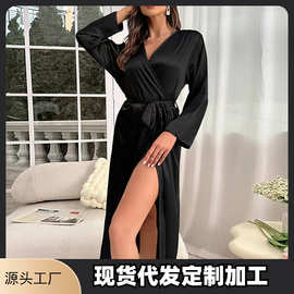 亚马逊跨境热卖长款女士浴袍性感v领系带睡袍外贸家居服