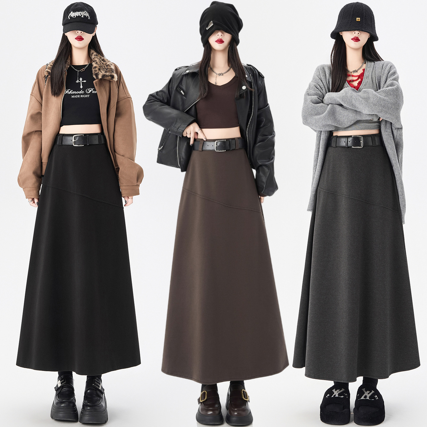 实拍 毛呢半身裙女2025秋冬新款高腰垂感大摆拼接a字中长款伞裙