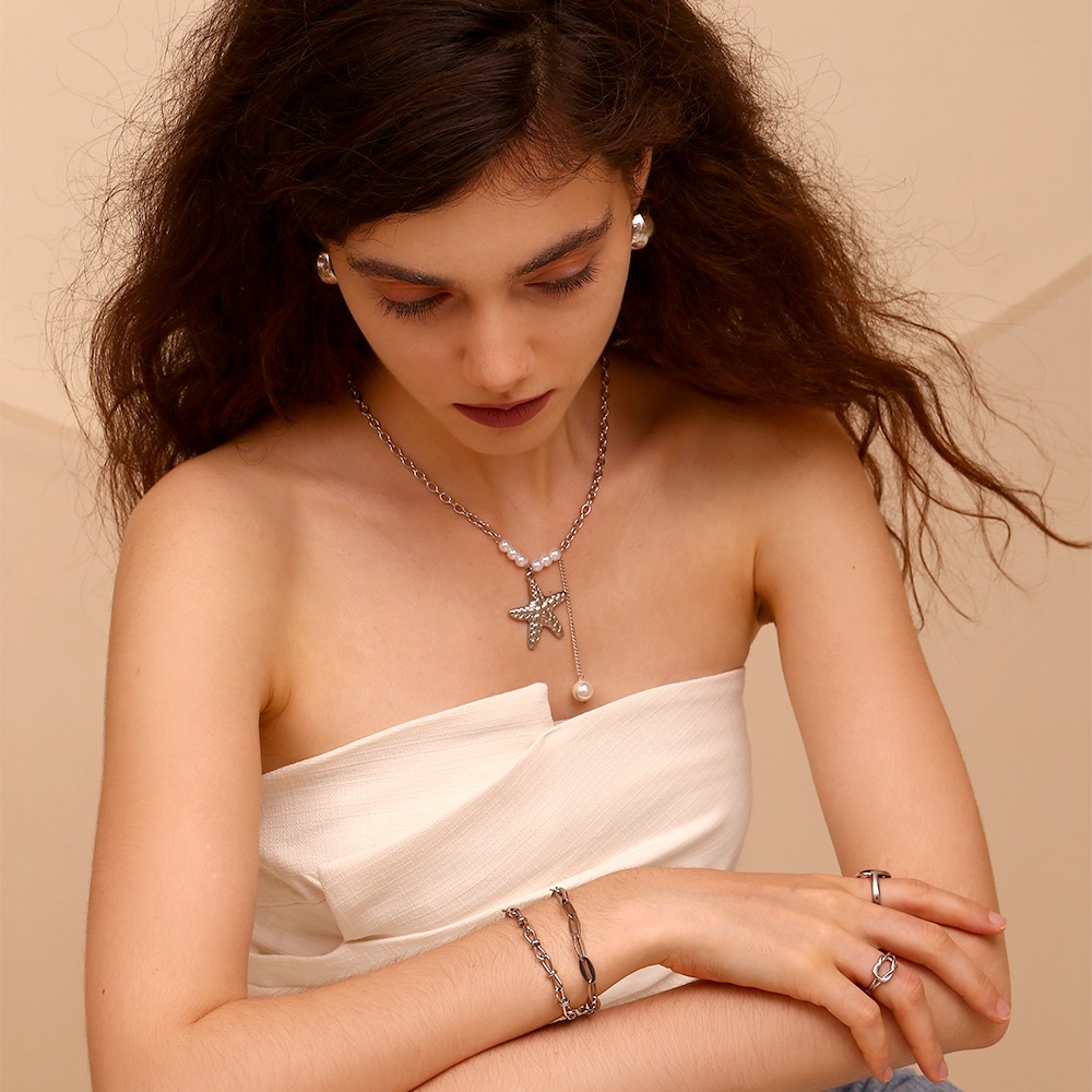 Starfish Imitation Pearl Fringe Stainless Steel Pendant Necklace