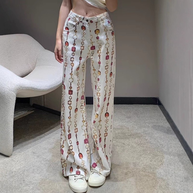 南油驴家高级轻奢宝石字母印花牛仔裤女高腰显瘦直筒阔腿休闲长裤|undefined