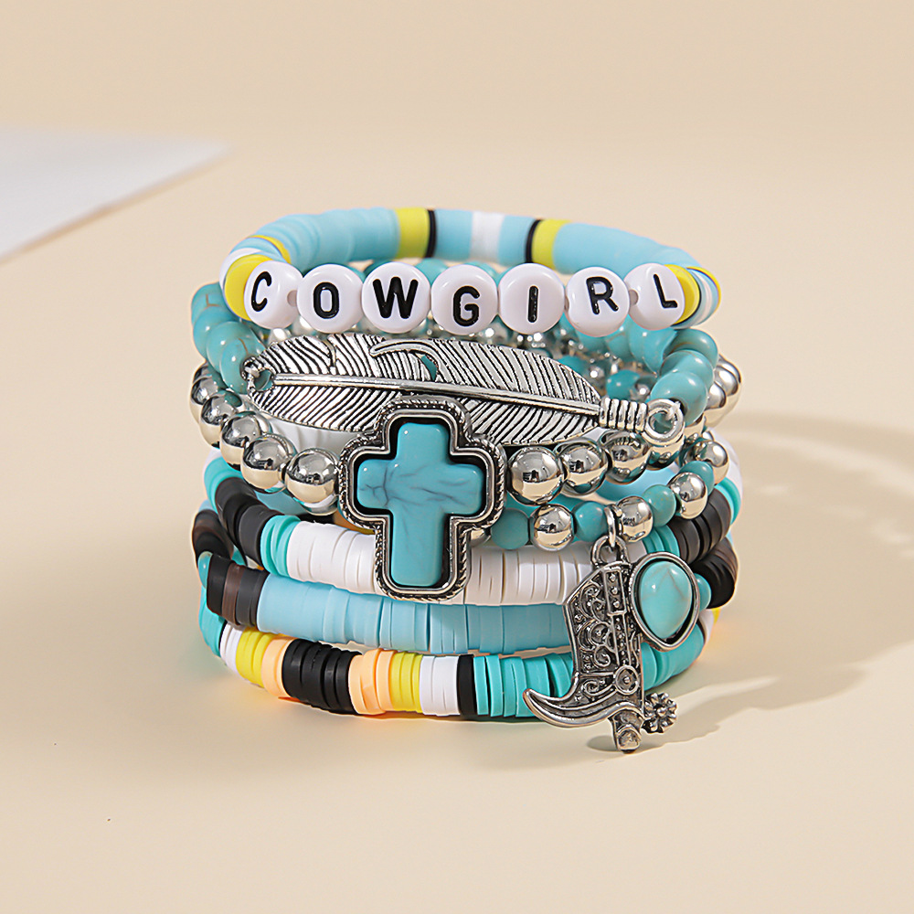 49g Weight Alloy Pendant Material Bracelets Classification Beaded, Turquoise Chain Material 1 Set Quantity Daily Occasion Beaded, Alloy, turquoise Material Cross, Cattle, Boots Pattern Women's Gender Retro Style Retro Cross Cattle Boots Beaded Alloy Turquoise  Beaded Bracelets Wholesale 11