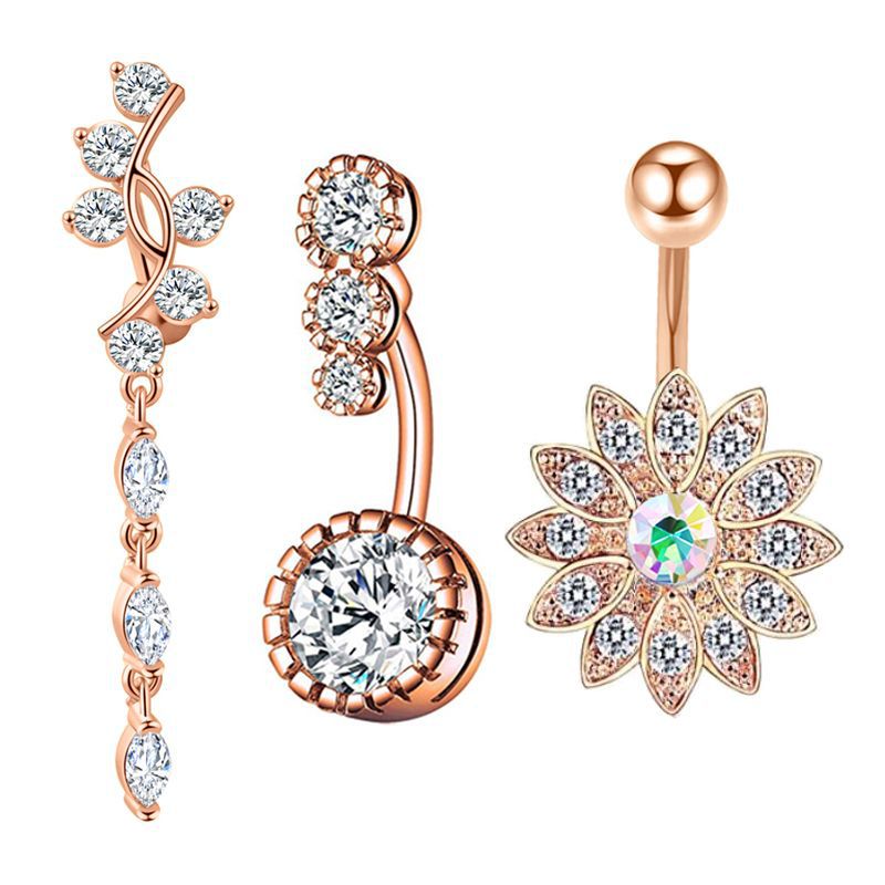 Exquisite AB Color Navel Zircon Ring Soft Pot Ball Belly Ring 3-Piece Set Stainless Steel detail image 7
