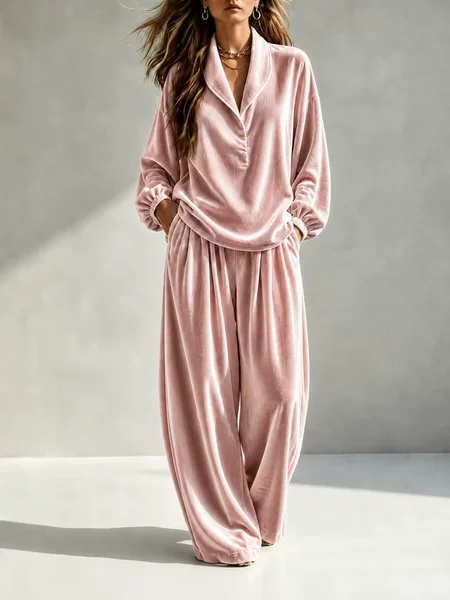 2026 European and American Women's Clothing Amazon Independent Site Autumn/Winter New Casual Fashion Velvet Long Sleeve Long Pants Turn-down Collar Set