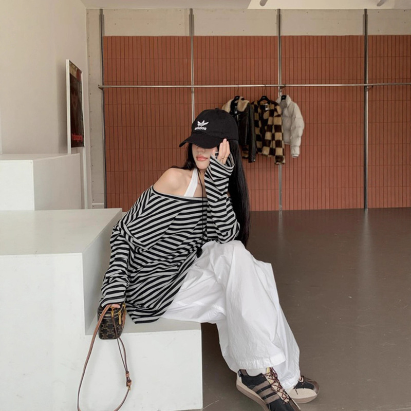 休闲套装条纹露肩T恤上衣女装内搭挂脖背心早秋直筒阔腿裤三件套|undefined