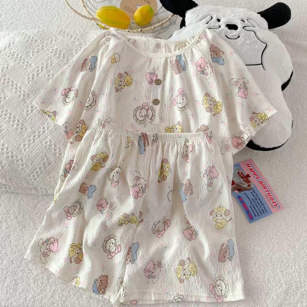 Venta al por mayor transfronteriza de nuevos pijamas de algodón de nube para mujer pantalones cortos de manga corta de verano con cuello redondo bordado dulce y simple servicio a domicilio