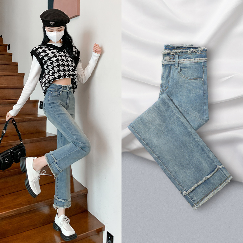 Straight jeans for women's spring and autumn clothing 2023 new style 2022 high waist nine-point light color small cigarette pants for women