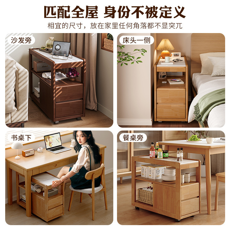Sofá de madera maciza gabinete lateral tablero de roca lateral rueda nórdica pequeña sala de estar móvil mesa de té mesa de cabezal de cama
