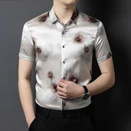 男式桑蚕丝衬衣天然抗菌度假休闲真丝短袖百搭潮流男装夏季凉感