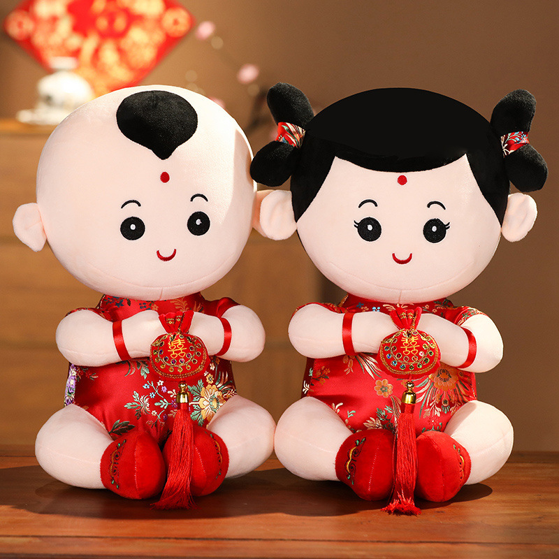ベッド人形、結婚式の高級金の少年と少女の中国人形、新婚の赤ちゃん、ベッドサイドの装飾品、結婚式の部屋の装飾|undefined