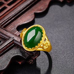 民族風鍍黃金鑲和田碧玉戒指金鑲玉綠玉髓戒指 活口可調創新戒指