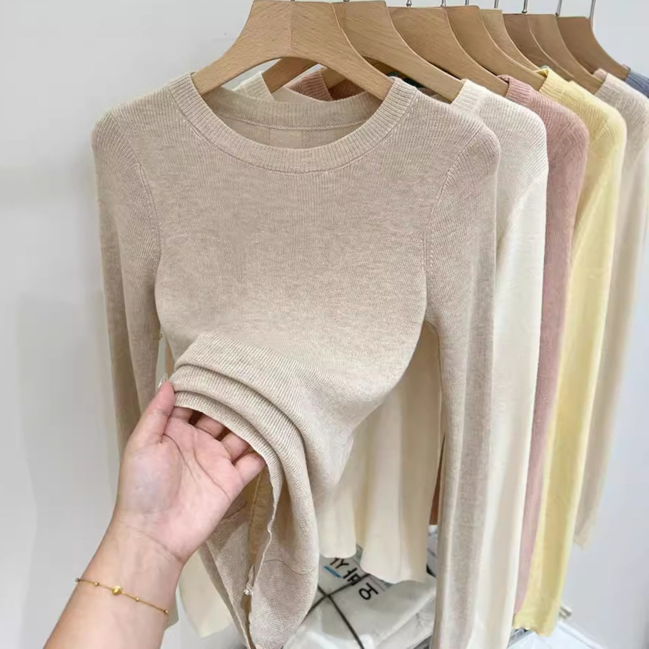 绿色长袖针织t恤女夏季上衣2025年新款简约百搭正肩打底衫女薄款