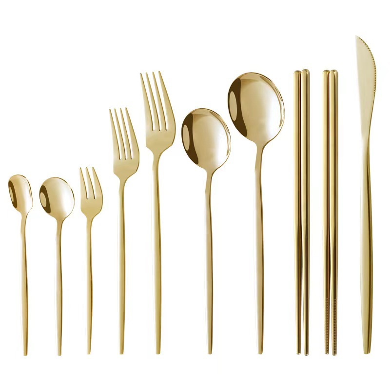 Cuchillos de acero inoxidable al por mayor cucharas portuguesas platos japoneses dorados dulces cucharas horquilla palillos cucharas de nieve cucharas frutas