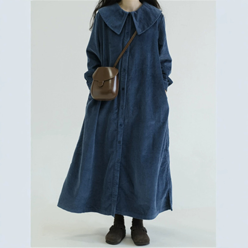 Women's Autumn and Winter Long-Sleeve Vintage Corduroy Navy Collar Cardigan Solid Color Dress, Two-Way Wear, Loose Fit, Overseas Warehouse