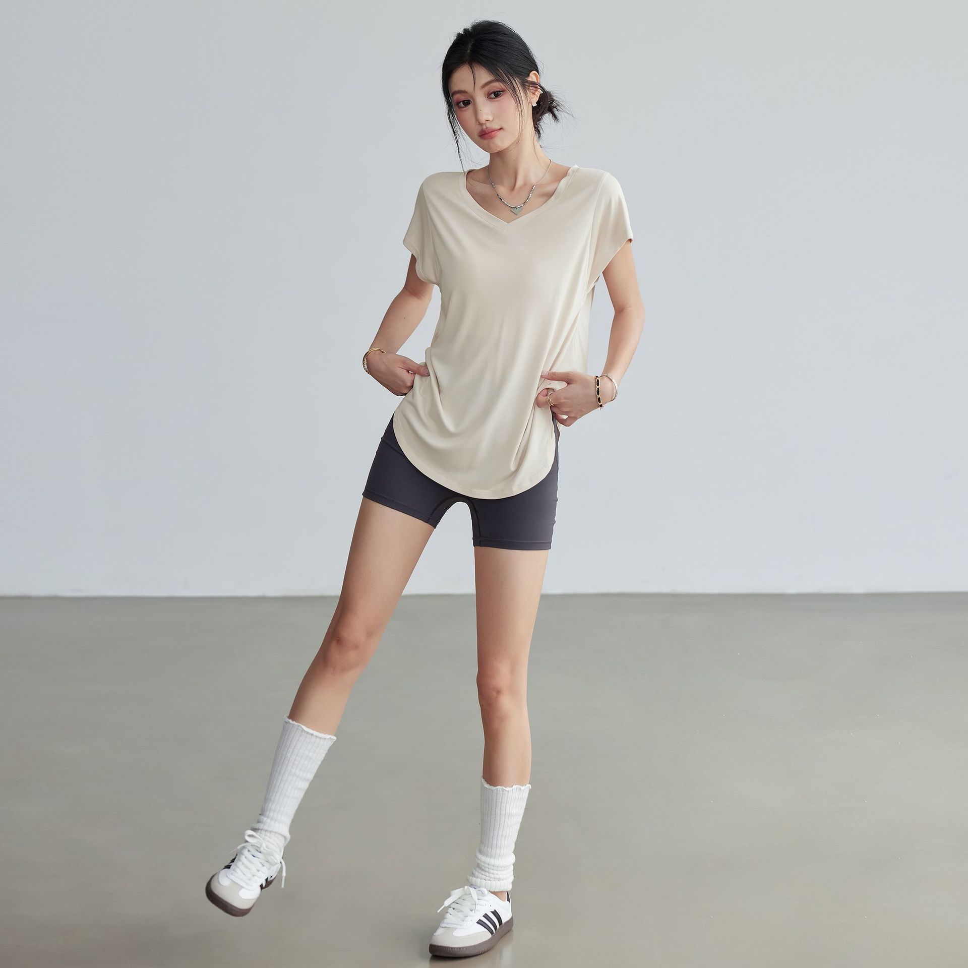 Loose-Fitting Women's Running Sports Short-Sleeved Mid-Length Quick-Drying Yoga Tops Pilates Cover-Ups Cross-Border Factory Supply