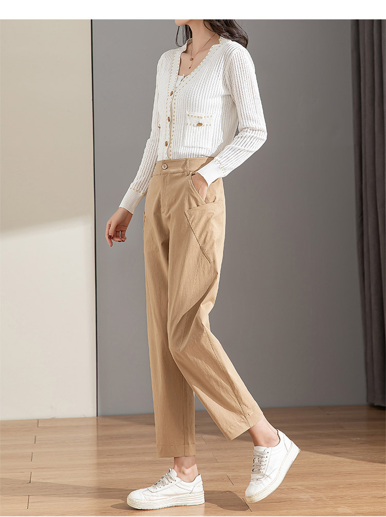 Quần chuối nữ ống rộng dáng thon gọn, cạp cao, chất cotton giặt thường, phong cách cổ điển — Màu Kaki chi tiết 11