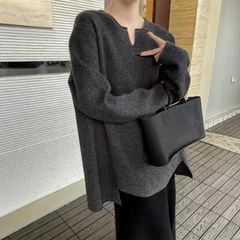 韩版套头剪刀领慵懒风下摆不规则毛衣女2025新款宽松时尚针织衫